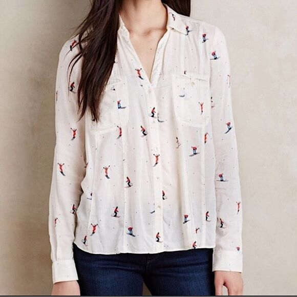 Maeve Tops - Maeve Anthropologie Skiers Pattern Off White Button Down Collared Shirt Size 0